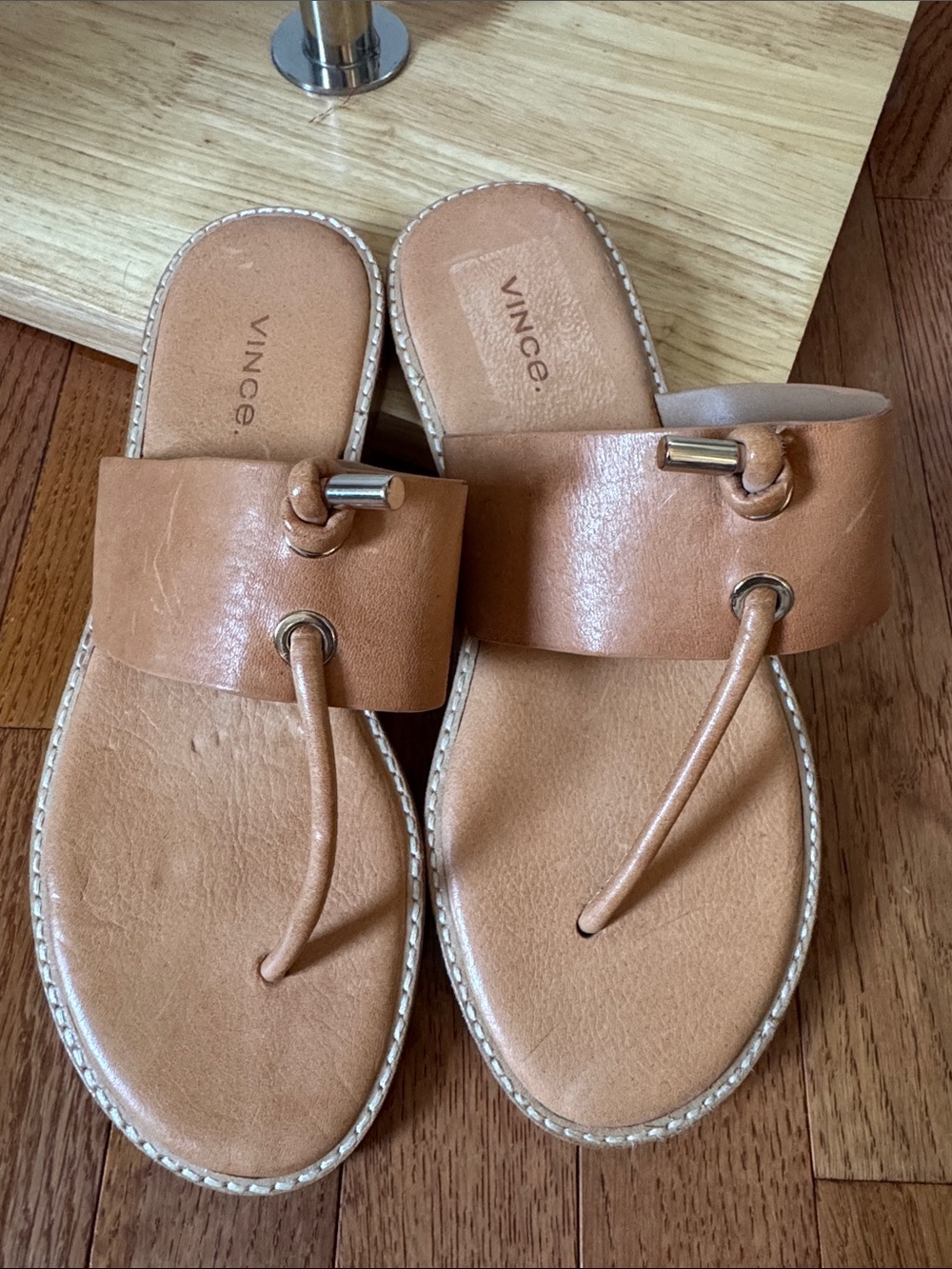 Vince Tan Leather Toe-Loop Sandals with Metal Accents
